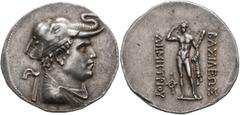 Oriental Greek BAKTRIA, Greco-Baktrian Kingdom. Demetrios I, circa 200-185 BC. Tetradrachm (Silver, 34 mm, 17.00 g, 12 h), Baktra. Diademed and draped bust of Demetrios I to right, wearing elephant sk