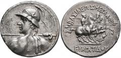 Oriental Greek BAKTRIA, Greco-Baktrian Kingdom. Eukratides I, circa 170-145 BC. Tetradrachm (Silver, 31 mm, 17.00 g, 12 h), Aï Khanoum (?). Diademed and heroically nude bust of Eukratides I to left, w