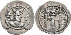Central Asian HUNNIC TRIBES, Hephthalites. Drachm (Silver, 27 mm, 3.70 g, 2 h), imitating a drachm of the Sasanian King Peroz I (457/9-484) from Balkh, 6th century. Draped bust of Peroz I to right, we