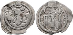 Central Asian HUNNIC TRIBES, Hephthalites. Drachm (Silver, 26 mm, 2.50 g, 2 h), imitating a drachm of the Sasanian King Peroz I (457/9-484) from Balkh, 6th century. Draped bust of Peroz I to right, we