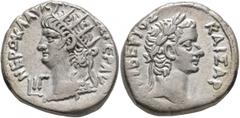 The Rhakotis Collection EGYPT. Alexandria. Nero, with Tiberius, 54-68. Tetradrachm (Billon, 25 mm, 12.66 g, 12 h), RY 13 = 66/7. ΝΕΡΩ ΚΛΑY ΚΑ[ΙΣ ΣΕ]B ΓΕΡ AY / L IΓ Radiate bust of Nero to left, wearin