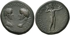 Roman Provincial PHRYGIA. Synaus. Nero, with Agrippina Junior, 54-68. Assarion (Bronze, 19 mm, 5.18 g, 12 h), Metrophanes, magistrate, circa 55. ΑΓΡΙΠΠЄΙΝΑ ΘЄΑ ΝЄΡⲰΝ ΘЄΟϹ Draped bust of Agrippina Juni