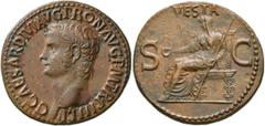 Roman Imperial Gaius (Caligula), 37-41. As (Copper, 29 mm, 12.07 g, 6 h), Rome, 39. C CAESAR AVG GERMANICVS PON M TR POT Bare head of Gaius to left. Rev. VESTA / S - C Vesta seated left on ornamented 