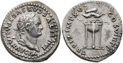 Roman Imperial Titus, 79-81. Denarius (Silver, 18 mm, 3.49 g, 6 h), Rome, January-June 80. IMP TITVS CAES VESPASIAN AVG P M Laureate head of Titus to right. Rev. TR P IX IMP XV COS VIII P P Dolphin, w