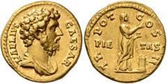 Roman Imperial Aelius, Caesar, 136-138. Aureus (Gold, 20 mm, 7.00 g, 5 h), Rome, 137. L•AELIVS CAESAR Bare-headed and draped bust of Aelius to right. Rev. TR POT COS II / PIE-TAS Pietas, veiled, stand