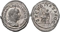 Roman Imperial Gordian I, 238. Denarius (Silver, 22 mm, 3.00 g, 7 h), Rome, March-April 238. IMP M ANT GORDIANVS AFR AVG Laureate, draped and cuirassed bust of Gordian I to right, seen from behind. Re