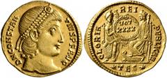 Roman Imperial Constantius II, 337-361. Solidus (Gold, 22 mm, 4.55 g, 12 h), Thessalonica, 355-360. D N CONSTAN-TIVS P F AVG Pearl-diademed head of Constantius II to right. Rev. GLORIA REI PVBLICAE / 