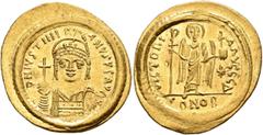 Byzantine Justinian I, 527-565. Solidus (Gold, 23 mm, 4.47 g, 6 h), Constantinopolis, circa 538-545. D N IVSTINIANVS P P AVG Helmeted and cuirassed bust of Justinian I facing, holding globus cruciger 