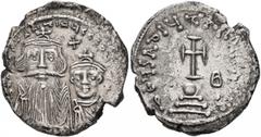 Byzantine Constans II, with Constantine IV, 641-668. Hexagram (Silver, 23 mm, 6.45 g, 6 h), Constantinopolis, 654-659. δ N CONSTANTINЧS C CONSTAN Crowned and draped bust of Constans facing, with long 