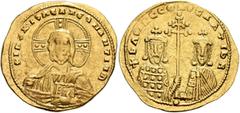 Byzantine Basil II Bulgaroktonos, with Constantine VIII, 976-1025. Histamenon (Gold, 24 mm, 4.34 g, 7 h), Constantinopolis, circa 989-1001. +IҺS XIS RЄX RЄGNANTIҺm Bust of Christ Pantokrator facing, w
