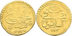 Early Medieval & Islamic ISLAMIC, Ottoman Empire. Mahmud I, AH 1143-1168 / AD 1730-1754. Altin (Gold, 19 mm, 3.44 g, 12 h), Islambul, AH 1143 = AD 1730. Pere 553 var. Sultan 1028. Areas of weakness an