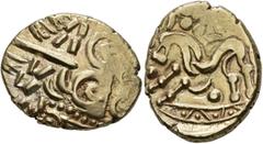 Celtic BRITAIN. Corieltauvi. Uninscribed, circa 50-30 BC. Stater (Gold, 20 mm, 6.16 g, 9 h), North East Coast (Corieltauvian B) type. Devolved laureate head of Apollo to right. Rev. Disjointed horse l