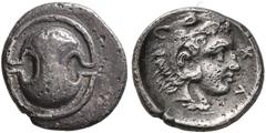 Greek BOEOTIA. Thebes. Circa 395-338 BC. Obol (Silver, 10 mm, 0.69 g), Kl(ion)-, magistrate, circa 368-364. Boeotian shield. Rev. ΚΛ Head of youthful Herakles to right, wearing lion skin headdress. BC