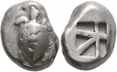 Greek ISLANDS OFF ATTICA, Aegina. Circa 500/490-480 BC. Stater (Silver, 19 mm, 12.24 g). Sea turtle, with a line of pellets down the back of its shell. Rev. Square incuse with small skew pattern. Mead
