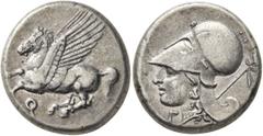 Greek CORINTHIA. Corinth. Circa 375-300 BC. Stater (Silver, 20 mm, 8.56 g, 12 h). Ϙ Pegasus flying left. Rev. Head of Athena to left, wearing Corinthian helmet; below chin, Γ; behind neckguard, fillet
