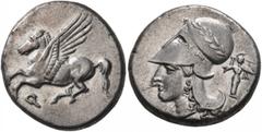 Greek CORINTHIA. Corinth. Circa 375-300 BC. Stater (Silver, 21 mm, 8.47 g, 3 h). Ϙ Pegasus flying left. Rev. Head of Athena to left, wearing laureate Corinthian helmet; below, [A-P]; behind neckguard,