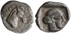 Greek AEOLIS. Demetreion (?). Circa 450-400 BC. Hemiobol (Silver, 8 mm, 0.37 g, 1 h). ΔHMH-TP[IO] Head of a horse to right. Rev. Head of a nymph to right within square incuse. Cf. AMNG III, 2, p. 146,