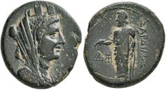 Greek LYDIA. Sardes. Circa 133 BC-AD 14. AE (Bronze, 21 mm, 8.24 g, 11 h). Turreted, veiled and draped bust of Tyche to right. Rev. ΣAPΔΙΑΝΩΝ Zeus Lydios standing front, head to left, holding eagle in