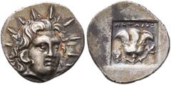 Greek ISLANDS OFF CARIA, Rhodos. Rhodes. Circa 125-88 BC. Hemidrachm (Silver, 14 mm, 1.20 g, 11 h), 'Plinthophoric' coinage, Antaios, magistrate. Radiate head of Helios facing slightly to right. Rev. 