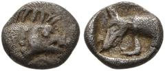 Greek DYNASTS OF LYCIA. Uncertain dynast, circa 480/70-430 BC. Hemiobol (Silver, 7 mm, 0.26 g, 12 h). Forepart of a boar to right. Rev. Head of hunting dog to left, wearing leash; all within incuse sq
