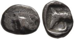 Greek DYNASTS OF LYCIA. Uncertain dynast, circa 480/70-430 BC. Hemiobol (Silver, 7 mm, 0.32 g, 9 h). Forepart of a boar to right. Rev. Head of hunting dog to left, wearing leash; all within incuse squ