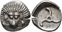 Greek DYNASTS OF LYCIA. Perikles, circa 380-360 BC. 1/3 Stater (Silver, 17 mm, 2.81 g). Facing lion's scalp. Rev. 𐊓𐊁𐊕-𐊆𐊋-𐊍𐊁 ('Perikle' in Lycian) Triskeles within circular incuse. BMC 155-7. Mü