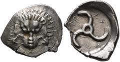 Greek DYNASTS OF LYCIA. Perikles, circa 380-360 BC. 1/3 Stater (Silver, 20 mm, 2.80 g). Facing lion's scalp. Rev. [𐊓]𐊁𐊕-𐊆𐊋-𐊍𐊁 ('Perikle' in Lycian) Triskeles within circular incuse. BMC 155-7. 