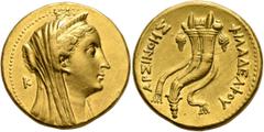 Greek PTOLEMAIC KINGS OF EGYPT. Arsinoe II, wife of Ptolemy II, died 270 BC. Mnaieion or Oktadrachm (Gold, 28 mm, 27.78 g, 12 h), Alexandria, struck under Ptolemy II, circa 252/1-250/49. Veiled head o