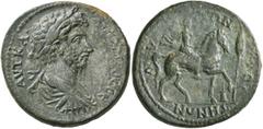 Roman Provincial LYDIA. Mostene. Lucius Verus, 161-169. Tetrassarion (Bronze, 29 mm, 14.20 g, 6 h). ΑΥΤ Κ Λ ΑΥΡ ΒΗΡΟϹ ϹЄ Laureate, draped and cuirassed bust of Lucius Verus to right, seen from behind.