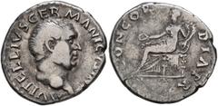Roman Imperial Vitellius, 69. Denarius (Silver, 19 mm, 2.95 g, 6 h), Rome, late April-20 December 69. A VITELLIVS GERMANICVS IMP Bare head of Vitellius to right. Rev. CONCORDIA•P•R Concordia seated le