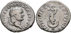 Roman Imperial Titus, 79-81. Denarius (Silver, 18 mm, 3.37 g, 1 h), Rome, 80. IMP TITVS CAES VESPASIAN AVG P M Laureate head of Titus to right. Rev. TR P IX IMP XV COS VIII P P Dolphin coiled around a