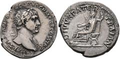 Roman Imperial Trajan, 98-117. Denarius (Silver, 19 mm, 3.33 g, 7 h), Rome, 112-113. IMP TRAIANVS AVG GER DAC P M TR P COS VI P P Laureate head of Trajan to right, with slight drapery on his left shou