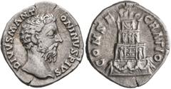 Roman Imperial Divus Marcus Aurelius, died 180. Denarius (Silver, 19 mm, 2.92 g, 12 h), Rome. DIVVS M ANTONINVS PIVS Bare head of Divus Marcus Aurelius to right. Rev. CONSECRATIO Funeral pyre of four 