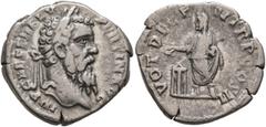 Roman Imperial Pertinax, 193. Denarius (Silver, 18 mm, 3.21 g, 10 h), Rome. IMP CAES P HELV PERTIN AVG Laureate head of Pertinax to right. Rev. VOT DECEN TR P COS II Pertinax, togate and veiled, stand