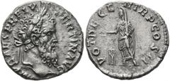 Roman Imperial Pertinax, 193. Denarius (Silver, 17 mm, 3.41 g, 5 h), Rome. IMP CAES P HELV PERTIN AVG Laureate head of Pertinax to right. Rev. VOT•DECEN TR P•COS II Pertinax, togate and veiled, standi