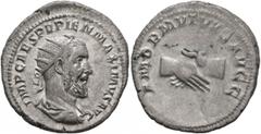 Roman Imperial Pupienus, 238. Antoninianus (Silver, 23 mm, 5.08 g, 4 h), Rome, circa April-June 238. IMP CAES PVPIEN MAXIMVS AVG Radiate, draped and cuirassed bust of Pupienus to right, seen from behi