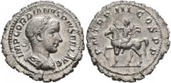 Roman Imperial Gordian III, 238-244. Denarius (Silver, 21 mm, 2.59 g, 1 h), Rome, 240. IMP GORDIANVS PIVS FEL AVG Laureate, draped and cuirassed bust of Gordian III to right, seen from behind. Rev. P 