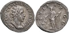 Roman Imperial Gallienus, 253-268. Antoninianus (Silver, 23 mm, 4.57 g, 7 h), Rome, 255-256. IMP C P LIC GALLIENVS P F AVG Radiate and cuirassed bust of Gallienus to right. Rev. LAETIA (sic!) AVGG Lae