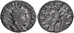 Roman Imperial Gallienus, 253-268. Antoninianus (Silvered bronze, 19 mm, 2.92 g, 1 h), Rome, 256. IMP GALLIENVS P F AVG GERM Radiate and cuirassed bust of Gallienus to right. Rev. VIRTVS AVGG Mars adv