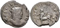 Roman Imperial Gallienus, 253-268. Antoninianus (Billon, 22 mm, 2.39 g, 5 h), Mediolanum, 260. GALLIENVS AVG Radiate and cuirassed bust of Gallienus to right. Rev. LEG II PART V P V F Centaur advancin