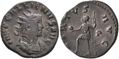 Roman Imperial Gallienus, 253-268. Antoninianus (Bronze, 20 mm, 2.56 g, 6 h), Rome, 260-261. IMP GALLIENVS AVG Radiate, draped and cuirassed bust of Gallienus to right. Rev. VIRTVS AVG Mars standing l