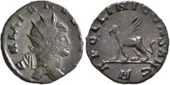 Roman Imperial Gallienus, 253-268. Antoninianus (Bronze, 18 mm, 2.02 g, 12 h), Rome, 267-268. GALLIENVS AVG Radiate head of Gallienus to right. Rev. APOLLINI CONS AVG / H Griffin walking left. Cohen -