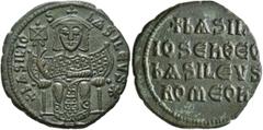 Byzantine Basil I the Macedonian, 867-886. Follis (Bronze, 26 mm, 7.60 g, 6 h), Constantinopolis, 879-886. +bASILIOS bASILЄVS✱ Basil, seated facing on throne, wearing crown surmounted by a cross and l