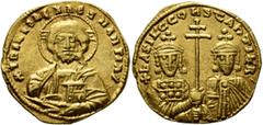 Byzantine Basil II Bulgaroktonos, with Constantine VIII, 976-1025. Histamenon (Gold, 20 mm, 4.10 g, 7 h), Constantinopolis, circa 989-1001. +IҺS XIS RЄX RЄGNANTIҺm Bust of Christ Pantokrator facing, w