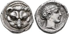 Greek BRUTTIUM. Rhegion. Circa 415/0-387 BC. Tetradrachm (Silver, 25 mm, 16.66 g, 6 h), reverse die signed by Kratesippos. Facing head of a lion. Rev. ΡHΓINOΣ Laureate head of Apollo to right; behind,