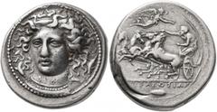 Greek SICILY. Syracuse. Second Democracy, 466-405 BC. Tetradrachm (Silver, 28 mm, 17.14 g, 4 h), dies signed by Kimon, circa 406-405. Head of Arethusa facing slightly to left, wearing ampyx inscribed 