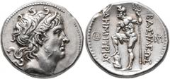 Greek KINGS OF MACEDON. Demetrios I Poliorketes, 306-283 BC. Tetradrachm (Silver, 29 mm, 17.22 g, 12 h), Chalkis, circa 290-287. Diademed and horned head of Demetrios I to right. Rev. BAΣIΛEΩΣ - ΔHMHT