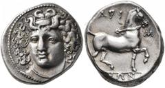 Greek THESSALY. Larissa. Circa 356-342 BC. Stater (Silver, 23 mm, 12.32 g, 11 h). Head of the nymph Larissa facing slightly to left, wearing ampyx, pendant earring and necklace. Rev. [Λ]ΑΡΙ-Σ/[Α]ΙΩΝ B