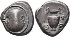 Greek BOEOTIA. Thebes. Circa 425-400 BC. Stater (Silver, 22 mm, 11.60 g). Boeotian shield. Rev. Θ-E Amphora; to right, grape bunch on vine; all within incuse square. BCD Boiotia 398 ( this coin ). BMC