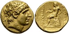 Greek SELEUKID KINGS OF SYRIA. Antiochos I Soter, 281-261 BC. Stater (Gold, 18 mm, 8.43 g, 6 h), Aï Khanoum, circa 266-261. Diademed head of Antiochos I to right. Rev. BAΣIΛEΩΣ - ANTIOXOY Apollo seate